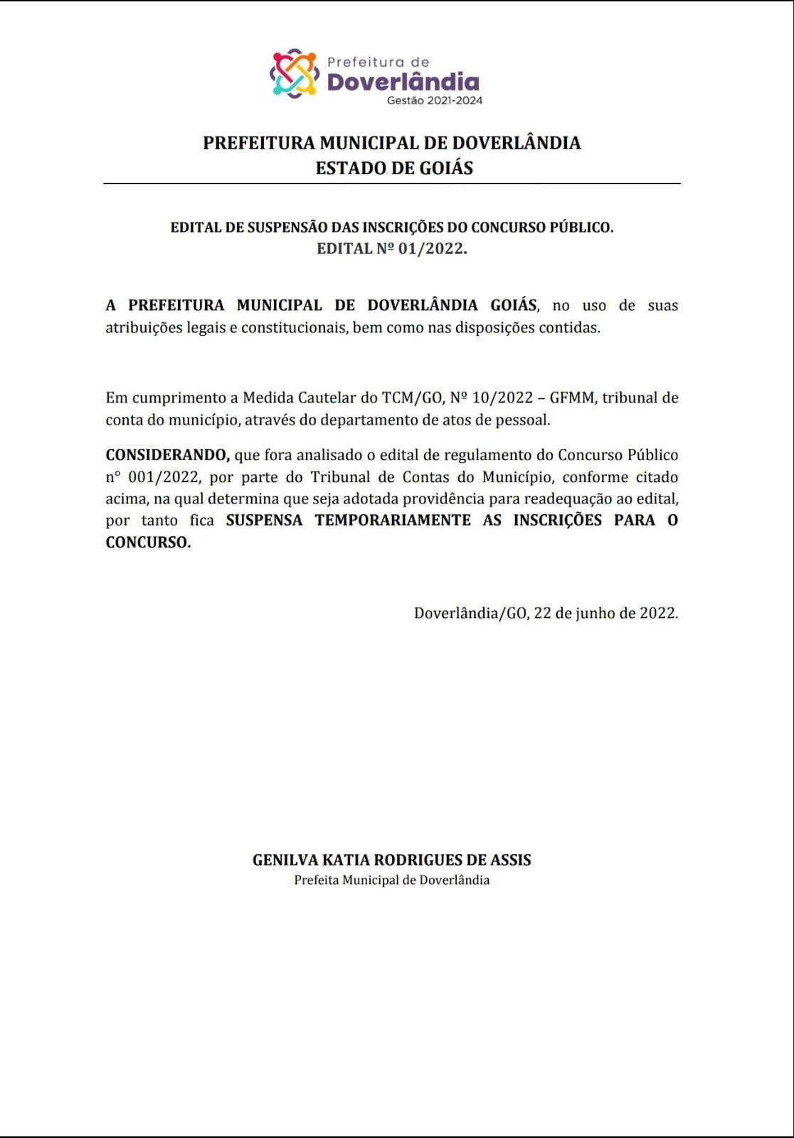 Concurso Público Tem Inscrições Suspensas Prefeitura De Doverlândia 0490